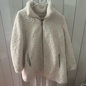 LOFT white Faux Fur Funnel Neck Fleece Zip Coat Large Petite